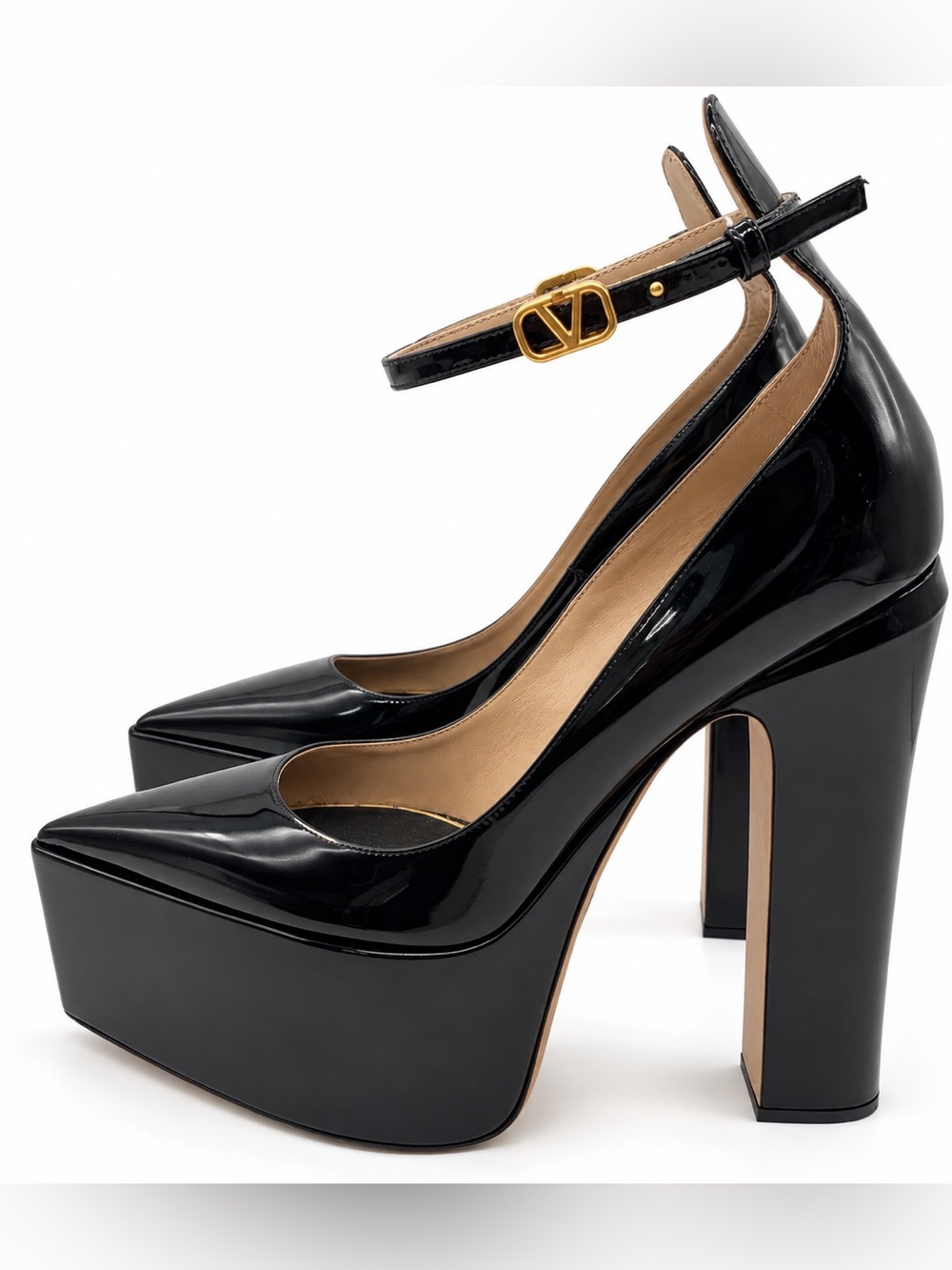 Valentino Black Patent Platform Pumps with Gold Logo Strap
